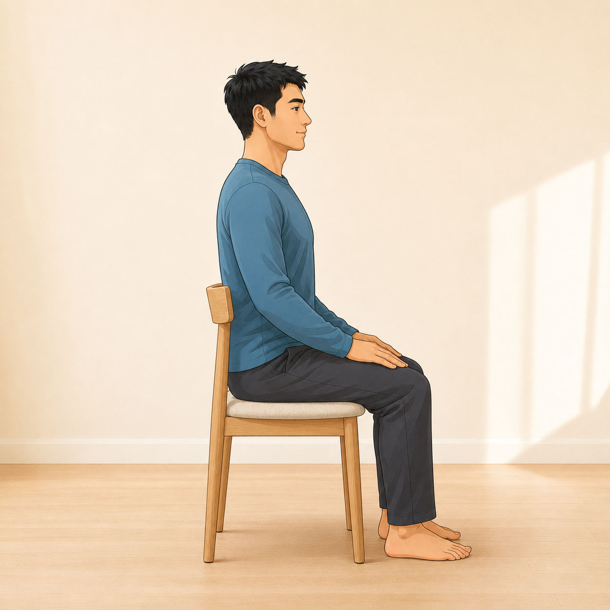 A person sitting upright in a chair, viewed from the right
